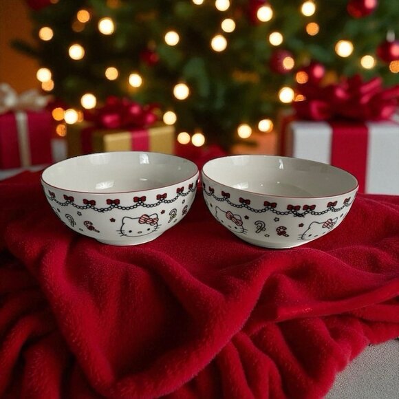 Hello Kitty Christmas Holiday Candy Cane Ceramic Bowl by Sanrio Set of 2 6" NEW - Picture 1 of 9